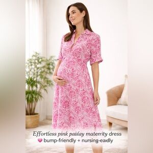Ripe Maternity Pink Paisley Button Front Dress Size Large Boho Nursing Friendly